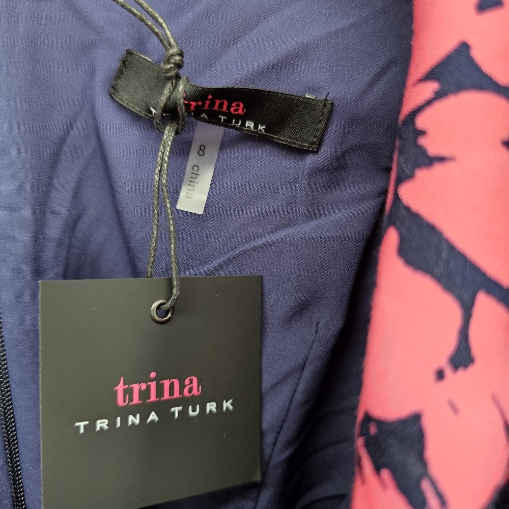 Trina Turk Navy & Pink Floral Ponte Knit Dress Mod Womens Size 8 - Picture 5 of 6